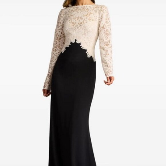 Tadashi Shoji Black Ivory Mixed Media Long Sleeve Sequin Lace Gown